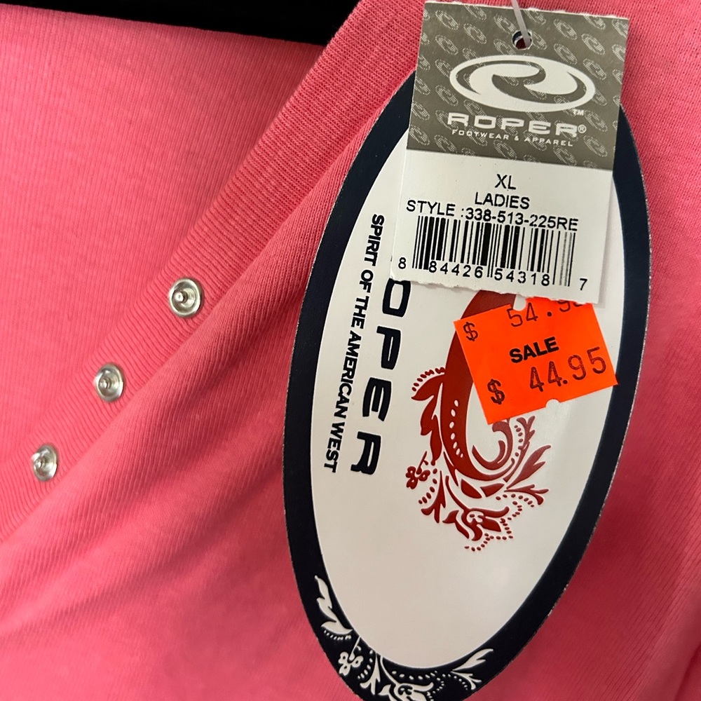 Roper Women's XL Long Sleeve Snap Button Henley Graphic Studded Cross Pink Shirt - Picture 2 of 6